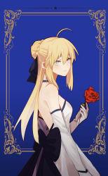 Rule 34 | 1girl, absurdres, ahoge, artoria pendragon (all), artoria pendragon (fate), black bow, blue eyes, blush, bow, braid, dress, elbow gloves, fate (series), flower, french braid, from side, gloves, hair between eyes, highres, light smile, looking at viewer, meow (cindy738), rose, saber (fate), saber lily, sidelocks, solo, strapless, strapless dress, white dress, white gloves