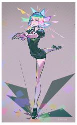 Rule 34 | 1other, androgynous, ballerina, black footwear, black necktie, border, crystal hair, diamond (houseki no kuni), elbow gloves, flexible, full body, gem uniform (houseki no kuni), gloves, glowing, grey background, grey gloves, grey thighhighs, hand on own arm, haun, houseki no kuni, leg lift, leg up, looking at viewer, multicolored hair, necktie, other focus, outstretched arms, plantar flexion, puffy short sleeves, puffy sleeves, rainbow hair, short hair, short sleeves, shorts, smile, solo, sparkle, standing, standing on one leg, thighhighs