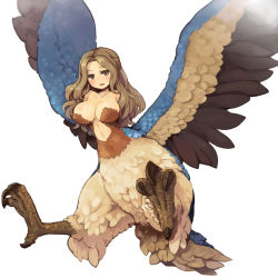Rule 34 | 1girl, 7010, bird wings, blush, breasts, brown eyes, brown hair, claws, cleavage, dragon&#039;s crown, harpy, harpy (dragon&#039;s crown), large breasts, light smile, long hair, monster girl, open mouth, simple background, solo, white background, wings