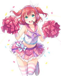Rule 34 | 1girl, :d, aqua eyes, bow, cheerleader, commentary, confetti, foot up, hair ribbon, headphones, highres, kurosawa ruby, looking at viewer, love live!, love live! school idol festival, love live! sunshine!!, midriff, miniskirt, mouthpiece, open mouth, pink sailor collar, pink skirt, pink thighhighs, pleated skirt, polka dot, polka dot skirt, pom pom (cheerleading), red hair, ribbon, sailor collar, sakou mochi, shirt, short hair, skirt, sleeveless, sleeveless shirt, smile, solo, standing, standing on one leg, striped clothes, striped thighhighs, takaramonozu, tareme, teeth, thighhighs, two side up, upper teeth only, waist bow, white bow, white ribbon, white shirt