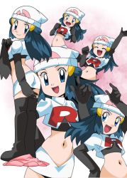 Rule 34 | 1girl, alternate costume, ass, black legwear, blue eyes, blue hair, breasts, closed mouth, cosplay, creatures (company), dawn (pokemon), game freak, hainchu, jessie (pokemon), jessie (pokemon) (cosplay), long hair, looking at viewer, midriff, multiple views, navel, nintendo, official style, open mouth, pokemon, pokemon (anime), pokemon dppt (anime), skirt, small breasts, team rocket, team rocket uniform