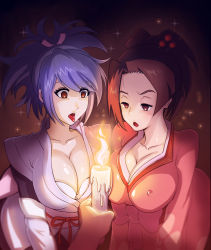 Rule 34 | 00s, 1other, 2girls, breasts, brown eyes, brown hair, candle, covered erect nipples, fire, fujibayashi sheena, fuu (samurai champloo), gradient background, high ponytail, hmage, hypnosis, japanese clothes, kimono, large breasts, mind control, multiple girls, open mouth, pink ribbon, ponytail, purple hair, ribbon, samurai champloo, short hair, standing, tales of (series), tales of symphonia, tongue