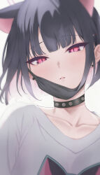 Rule 34 | 1girl, absurdres, animal ears, black choker, black hair, black mask, blue archive, cat ears, choker, collarbone, colored inner hair, earrings, extra ears, halo, highres, jewelry, kazusa (band) (blue archive), kazusa (blue archive), looking at viewer, mask, mask pull, mouth mask, multicolored hair, naval cat holiday, official alternate costume, pink hair, shirt, short hair, simple background, solo, stud earrings, two-tone hair, upper body, white background, white shirt