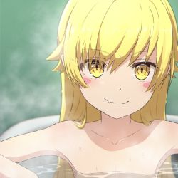 Rule 34 | 1girl, bad id, bad pixiv id, bath, bathing, blonde hair, blush stickers, camui1104, closed mouth, collarbone, commentary request, fang, hair between eyes, highres, long hair, looking at viewer, monogatari (series), nisemonogatari, nude, oshino shinobu, partially submerged, skin fang, smile, solo, steam, upper body, wet, wet hair, yellow eyes