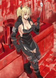 Rule 34 | 1girl, :d, apron, azasuke, blonde hair, breasts, cleavage, dorohedoro, dumpling, food, gloves, highres, horns, jiaozi, kitchen, large breasts, looking at viewer, nikaidou (dorohedoro), open mouth, ponytail, pot, skull, smile, spatula, teeth, upper teeth only