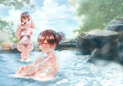Rule 34 | 2girls, akagi (kancolle), alternate hairstyle, bare shoulders, bathing, blue sky, blush, breasts, brown hair, bucket, closed mouth, cloud, covered navel, day, hair up, kaga (kancolle), kantai collection, kashiru, large breasts, leaf, multiple girls, nipples, nude, onsen, outdoors, partially submerged, rock, see-through, sideboob, sitting, sky, towel, tree, updo, water, wet towel