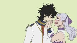Rule 34 | 1boy, 1girl, bad tag, black clover, black hair, blush, couple, holding hands, husband and wife, kissing hand, noelle silva, twintails, yuno (black clover)