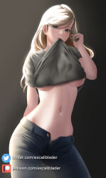 Rule 34 | 1girl, blonde hair, blue eyes, breasts, clothes lift, denim, earrings, excaliblader, hair down, highres, jeans, jewelry, large breasts, lifting own clothes, long hair, midriff, navel, open fly, pants, persona, persona 5, shirt lift, solo, takamaki anne, underboob, unzipped