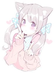 Rule 34 | 1girl, animal ear fluff, animal ears, blue bow, blush, bow, brown hair, cardigan, cat ears, chikuwa., closed mouth, commentary, diagonal stripes, hair bow, hands up, heart, highres, index finger raised, long hair, long sleeves, looking at viewer, original, pink cardigan, polka dot, polka dot bow, red eyes, simple background, sketch, sleeves past wrists, solo, striped, striped bow, symbol-only commentary, twintails, unmoving pattern, upper body, white background