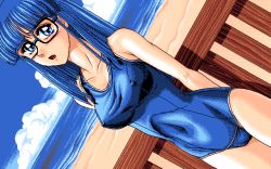 Rule 34 | 1girl, 4bpp, beach, blue eyes, blue hair, breasts, game cg, glasses, hoshi no suna monogatari 3, long hair, looking at viewer, matching hair/eyes, one-piece swimsuit, outdoors, pc98, retro artstyle, sky, solo, swimsuit