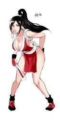 Rule 34 | 1girl, absurdres, breasts, brown eyes, brown hair, cleavage, folded fan, fatal fury, folding fan, hand fan, highres, japanese clothes, large breasts, leaning forward, long hair, ninja, pelvic curtain, ponytail, revealing clothes, rope, shibusun, shiranui mai, sideboob, simple background, snk, solo, the king of fighters, white background