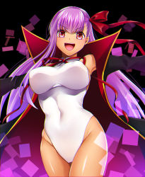 Rule 34 | 1girl, bare shoulders, bb (fate), bb (fate) (all), bb (swimsuit mooncancer) (fate), bb (swimsuit mooncancer) (third ascension) (fate), black coat, blush, breasts, chikage (blackclownery), coat, covered navel, dark-skinned female, dark skin, fate/grand order, fate (series), gloves, hair ribbon, highleg, highleg leotard, highres, large breasts, leotard, long hair, looking at viewer, neck ribbon, open clothes, open coat, open mouth, popped collar, purple hair, red eyes, red ribbon, ribbon, smile, solo, tan, thighs, very long hair, white gloves, white leotard