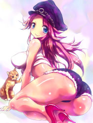 Rule 34 | 1girl, ass, ass focus, bad id, bad pixiv id, breasts, capcom, cat, cutoffs, denim, denim shorts, enomoto hidehira, final fight, high heels, large breasts, long hair, looking back, midriff, poison (final fight), red hair, shoes, shorts, smile, solo