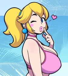 Rule 34 | 1girl, blonde hair, blowing kiss, blue eyes, blush stickers, bra, breasts, choker, commentary, from side, heart, highres, jam-orbital, large breasts, looking at viewer, mario (series), nintendo, one eye closed, pink bra, pink choker, pink lips, ponytail, princess peach, puckered lips, sideboob, solo, super mario bros. 1, underwear, upper body