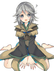Rule 34 | 1other, ?, androgynous, barefoot, blush, bow, brown coat, coat, highres, houlen yabusame, len&#039;en, open mouth, other focus, ougi hina, short hair, short hair with long locks, shorts, silver hair, sitting, smile, solo
