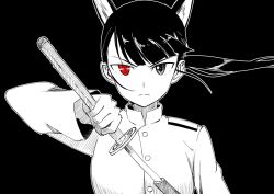 Rule 34 | 1girl, animal ears, artist request, black background, black eyes, black hair, blunt bangs, commentary request, extra ears, frown, heterochromia, highres, holding, holding sword, holding weapon, katana, long hair, long sleeves, looking at viewer, military, military uniform, monochrome, ponytail, red eyes, sakamoto mio, sheath, solo, strike witches, sword, uniform, unsheathing, weapon, world witches series