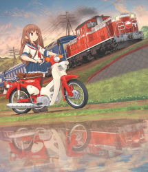 Rule 34 | 1girl, ankle boots, black footwear, black thighhighs, blouse, blue skirt, blue sky, boots, brown eyes, brown hair, closed mouth, cloud, cloudy sky, commentary request, diesel locomotive, dutch angle, grass, hair ribbon, highres, little cub, locomotive, logo, long hair, mikeran (mikelan), miniskirt, motor vehicle, motorcycle, mountain, neckerchief, original, outdoors, partial commentary, pleated skirt, pond, print skirt, red neckerchief, reflection, ribbon, school uniform, serafuku, shirt, short sleeves, sidelocks, single horizontal stripe, skirt, sky, smile, smoke, solo, thighhighs, train, twilight, utility pole, white shirt