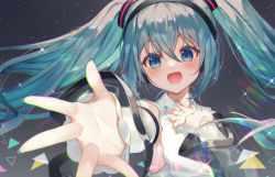Rule 34 | 1girl, :d, aqua hair, blue eyes, blue nails, blush, chromatic aberration, commentary request, detached sleeves, eyebrows hidden by hair, foreshortening, hatsune miku, hatsune miku (nt), headband, long sleeves, minato0683, nail polish, open mouth, reaching, reaching towards viewer, sky, sleeveless, smile, solo, star (sky), starry sky, twintails, vocaloid