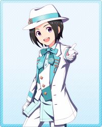 Rule 34 | 1boy, aqua bow, aqua bowtie, black hair, bow, bowtie, child, fedora, formal, gloves, hat, idolmaster, idolmaster side-m, idolmaster side-m growing stars, male focus, official art, okamura nao, purple eyes, simple background, solo, suit, teeth, upper teeth only, white gloves, white suit