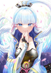 Rule 34 | 1girl, absurdres, armor, armored dress, ayaka (genshin impact), black gloves, blue eyes, blue hair, blue jacket, blunt bangs, blunt tresses, bridal gauntlets, collarbone, falling petals, floating hair, genshin impact, gloves, gold trim, hair ornament, hand to own mouth, highres, jacket, light blush, long hair, looking at viewer, multicolored background, open clothes, open jacket, petals, pink petals, ponytail, smile, tsuchinoko (vjde8458), upper body, very long hair, wide sleeves