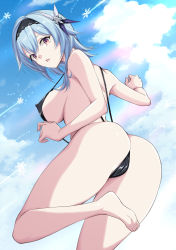 1girl ass bare_shoulders barefoot bikini blue_hair breasts cameltoe eula_(genshin_impact) from_behind genshin_impact hairband highres large_breasts long_hair looking_at_viewer nintarou open_mouth red_eyes shiny_clothes shiny_skin sideboob slingshot_swimsuit solo swimsuit