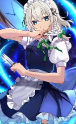 Rule 34 | 1girl, apron, between fingers, blue dress, blue eyes, clock, closed mouth, commentary request, dress, eyelashes, frilled apron, frills, green ribbon, grey hair, hair ribbon, highres, holding, holster, izayoi sakuya, looking at viewer, maid, maid apron, maid headdress, neck ribbon, puffy short sleeves, puffy sleeves, ribbon, short sleeves, signature, solo, thigh holster, touhou, tress ribbon, waist apron, white apron, yuineko