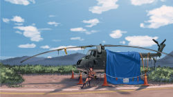 Rule 34 | 1girl, aircraft, bad id, bad pixiv id, black socks, dreadtie, headset, helicopter, highres, mi-4, military, military vehicle, original, revision, short hair, socks, solo, traffic cone, wide shot