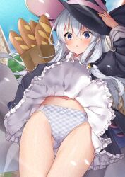 Rule 34 | 1girl, arm up, black dress, blue eyes, blue panties, blush, bow, bow panties, carrying bag, clothes lift, collared dress, commentary request, commission, day, dress, dress lift, elaina (majo no tabitabi), embarrassed, food, frilled dress, frills, glaze artifacts, hair between eyes, hat, highres, holding, holding clothes, holding food, holding hat, long sleeves, majo no tabitabi, midriff, navel, open mouth, outdoors, panties, panty focus, plaid, plaid panties, skeb commission, solo, star (symbol), star print, surprised, thigh gap, torimaru, two-tone panties, underwear, white hair, wind, wind lift, witch, witch hat