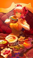 Rule 34 | 1girl, :t, absurdres, apron, blush, bow, breasts, closed mouth, commentary, couch, cross neko, eating, eyebrows hidden by hair, fish, fish (food), food, food on face, food request, fork, green eyes, grey pants, hair bow, highres, holding, holding food, hotpot, large breasts, lettuce, looking at viewer, original, pants, pink hair, plate, red bow, sausage, shirt, short hair, short twintails, sitting, solo, stargazy pie, table, twintails, weibo logo, weibo watermark, white shirt, yellow apron