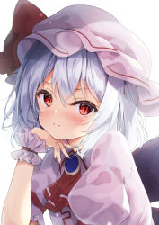 Rule 34 | 1girl, ascot, blue hair, blush, collared shirt, frills, hat, hat ribbon, highres, madotsukumo, nail polish, pout, puffy short sleeves, puffy sleeves, red ascot, red eyes, red nails, red ribbon, remilia scarlet, ribbon, shirt, short hair, short sleeves, simple background, solo, touhou, upper body, white background, white shirt, wings, wrist cuffs