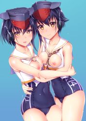 Rule 34 | 2girls, :d, between breasts, black hat, blue background, blue one-piece swimsuit, blush, breasts, breasts out, brown eyes, brown neckerchief, character name, closed mouth, clothes writing, collarbone, covered navel, cowboy shot, crop top, framed breasts, hair between eyes, hat, headset, hug, i-13 (kancolle), i-14 (kancolle), interstellar, kantai collection, looking at viewer, medium breasts, multiple girls, neckerchief, nipples, one-piece swimsuit, open mouth, school swimsuit, shiny skin, short hair, simple background, single sidelock, sleeveless, smile, standing, swimsuit, thighs