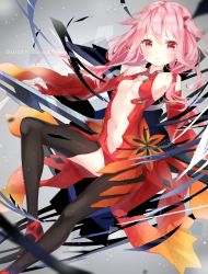 Rule 34 | 10s, 1girl, bare shoulders, black legwear, breasts, center opening, cleavage, copyright name, detached sleeves, elbow gloves, fingerless gloves, gloves, guilty crown, hair ornament, hairclip, highres, jimmy madomagi, looking at viewer, navel, pink hair, red eyes, small breasts, solo, twintails, void (guilty crown), yuzuriha inori