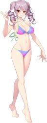 Rule 34 | 1girl, barefoot, bikini, breasts, drill hair, full body, large breasts, long hair, looking at viewer, mikoshiba saria, navel, non-web source, official art, photoshop (medium), pink hair, red eyes, saimin datsujo 4, smile, solo, swimsuit, tachi-e, transparent background, twintails, yoshino keiko