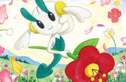 Rule 34 | black eyes, creature, creatures (company), day, floette, floette (red flower), flower, full body, game freak, gen 6 pokemon, grass, happy, holding, holding flower, looking at viewer, nakai mina, nintendo, no humans, official art, outdoors, petals, pokemon, pokemon (creature), pokemon tcg, smile, solo, third-party source, wind
