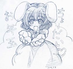Rule 34 | 1girl, :d, animal ears, blue background, blue theme, dated, female focus, foreshortening, heart, inaba tewi, monochrome, open hands, open mouth, outstretched hand, rabbit ears, sakino shingetsu, short hair, smile, solo, touhou, traditional media, translated