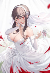 Rule 34 | 1girl, absurdres, alternate costume, bare shoulders, black hair, blood, blood on clothes, bloody weapon, blurry, breasts, bridal gauntlets, choker, cleavage, collarbone, dagger, depth of field, dress, earrings, falling petals, flower, hairband, hand on own face, hands up, highres, holding, holding dagger, holding knife, holding weapon, jewelry, knife, large breasts, open mouth, petals, raised eyebrows, red eyes, reverse grip, roi (liu tian), rose, solo, spy x family, stiletto (weapon), strapless, strapless dress, weapon, wedding dress, white choker, white dress, white flower, white hairband, white rose, white veil, yor briar
