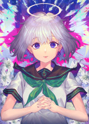 Rule 34 | 1girl, akanagi youto, blue eyes, blue hair, colorful, earrings, eyeshadow, fingernails, flower, grey hair, hair between eyes, halo, highres, jewelry, looking at viewer, lying, makeup, multicolored background, multicolored hair, on back, open mouth, own hands together, pink lips, power symbol, power symbol print, purple eyeshadow, purple hair, short hair, single earring, smile, solo, two-tone hair, white flower, white hair