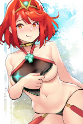 Rule 34 | 1girl, :p, bare arms, bare shoulders, bikini, black bikini, blush, breasts, choker, closed mouth, commentary, commentary request, cowboy shot, dutch angle, english commentary, halterneck, hand up, highres, large breasts, looking at viewer, navel, orange eyes, pyra (xenoblade), red hair, robot cat (robotcatart), short hair, smile, solo, stomach, swimsuit, tiara, tongue, tongue out, underboob, xenoblade chronicles (series), xenoblade chronicles 2, yellow choker