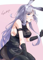 Rule 34 | 1girl, absurdres, animal ears, arknights, armband, bare shoulders, black dress, black gloves, black pantyhose, blue eyes, breasts, character name, commentary request, dress, gloves, highres, kawasumi (tk2k jade), large breasts, long hair, looking at viewer, open mouth, pantyhose, rabbit ears, savage (arknights), short dress, sideboob, silver hair, solo, very long hair