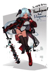 Rule 34 | 1girl, absurdres, baseball bat, black gloves, black jacket, blue hair, boots, braid, brown eyes, brown thighhighs, commission, covered navel, dark-skinned female, dark skin, dated, english text, glitch, gloves, gradient background, grey leotard, headgear, highres, holding, holding baseball bat, holding weapon, hood, hood down, hooded jacket, jacket, leotard, light blue hair, long hair, open clothes, open jacket, original, parted lips, red footwear, shiba (s hi ba ), signature, skeb commission, skindentation, sleeves past wrists, solo, spiked bat, spikes, thighhighs, very long hair, weapon