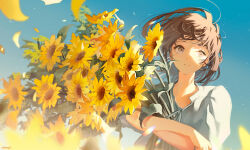 Rule 34 | 1girl, blue background, bouquet, brown eyes, brown hair, champi, facing viewer, falling petals, flower, highres, holding, holding bouquet, original, parted lips, petals, short hair, signature, solo, sunflower, upper body, yellow flower