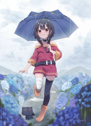 Rule 34 | 1girl, animal, animal ears, artist name, bandaged leg, bandages, bare shoulders, belt, black cat, black choker, black hair, black thighhighs, black umbrella, boots, cat, cat ears, choker, collarbone, commentary request, dress, flower, full body, girly running, highres, holding, hydrangea, kono subarashii sekai ni shukufuku wo!, light blush, looking at viewer, medium hair, megumin, messy hair, multicolored clothes, nature, nut megu, outdoors, puddle, rain, red dress, red eyes, rubber boots, running, short hair, standing, standing on one leg, thighhighs, umbrella, yellow footwear