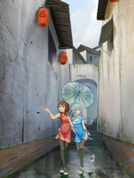 Rule 34 | 2girls, blue eyes, breasts, brown eyes, brown hair, china dress, chinese clothes, day, dongqing zaozigao, dress, female focus, high heels, highres, holding, holding umbrella, long hair, luo tianyi, mary janes, multiple girls, outdoors, shoes, silver hair, sky, smile, thighhighs, umbrella, vocaloid, yuezheng ling