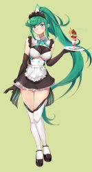 Rule 34 | 1girl, alternate costume, apron, bare shoulders, black gloves, blush, breasts, cleavage, dress, elbow gloves, enmaided, frills, full body, gloves, green background, green eyes, green hair, hair ornament, highres, holding, holding plate, kiiro kimi, large breasts, long hair, looking at viewer, maid, maid apron, maid headdress, mary janes, nintendo, parfait, plate, pneuma (xenoblade), ponytail, shoes, simple background, smile, solo, spoilers, swept bangs, thighhighs, underboob, very long hair, white thighhighs, xenoblade chronicles (series), xenoblade chronicles 2