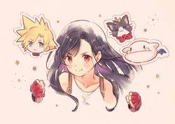 Rule 34 | 1boy, 1girl, bare shoulders, black hair, blonde hair, blue eyes, blush, cait sith (ff7), clenched hands, cloud strife, collarbone, earrings, final fantasy, final fantasy vii, fingerless gloves, gloves, jewelry, long hair, moogle, red eyes, red gloves, smile, spiked hair, star (symbol), starry background, suspenders, tank top, tifa lockhart, upper body, white tank top, xpo917