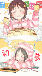 Rule 34 | 1girl, :d, ano ko wa toshi densetsu, black hair, blush, brown hair, closed eyes, dreaming, flower, food, food on face, gomennasai, hair flower, hair ornament, hairclip, holding, holding food, hood, hood down, hooded jacket, hoodie, jacket, long sleeves, loungewear, open mouth, pencil, plate, pudding, sleeves past wrists, smile, spoon, striped clothes, striped hoodie, striped jacket, translation request, yellow flower, zangyaku-san, zzz