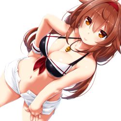 Rule 34 | 1girl, ahoge, bikini, bikini top only, black bikini, blush, breasts, brown eyes, brown hair, cleavage, closed mouth, collarbone, dd (ijigendd), dutch angle, from above, hair flaps, hairband, hand on own hip, hand on thigh, highres, kantai collection, large breasts, long hair, looking at viewer, navel, open fly, red hairband, shiratsuyu (kancolle), shorts, smile, solo, swimsuit, two-tone bikini, white bikini, white shorts, white wristband