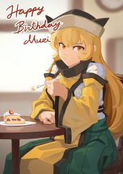 Rule 34 | 1girl, berry, black hat, blonde hair, blurry, blurry background, breasts, cake, cape, chair, clock, closed mouth, commentary, cream, detached sleeves, english commentary, english text, food, fruit, green skirt, grey hat, hair between eyes, hand up, hat, highres, hyoutan tan, indoors, long hair, long sleeves, looking to the side, matara okina, medium breasts, orange cape, orange eyes, shirt, sitting, skirt, smile, solo, spoon, strawberry, tabard, table, touhou, wall, white shirt, wide sleeves, window