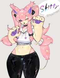 Rule 34 | animal ears, animal hands, blush, breasts, cat ears, cat girl, cat tail, choker, cream fur, creatures (company), furry, furry female, game freak, gen 3 pokemon, highres, hood, hoodie, large breasts, leggings, long hair, looking at viewer, midriff, navel, nintendo, one eye closed, pawpads, pink fur, pink hair, pokemon, pokemon (creature), purple eyes, ribbon, sidelocks, skitty, smile, tail, thick thighs, thighs, togetoge, twintails, wide hips, wink