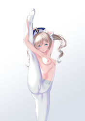 Rule 34 | 1girl, armpits, barbara (genshin impact), blue eyes, blush, closed mouth, commentary request, genshin impact, gradient background, hair ornament, highres, lips, long hair, nipples, pantyhose, shiny skin, simple background, solo, split, standing, standing on one leg, standing split, twintails, white pantyhose, yamada jack